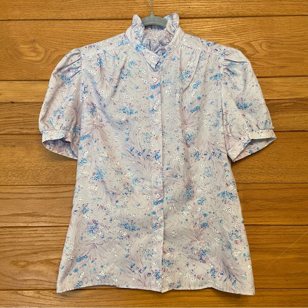 Vintage 80s purple floral puff sleeve top